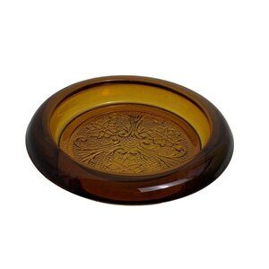 Vintage Amber Tiara Indiana Glass Sandwich Coaster Trinket Dish Embossed Floral